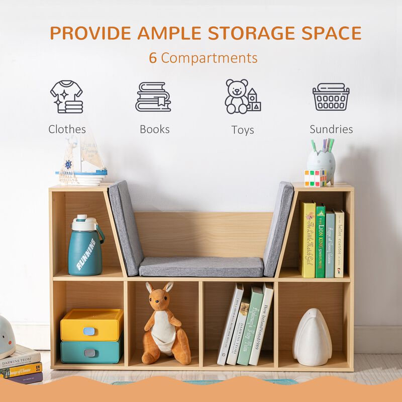 Natural Kids' Nook: 6-Cube Bookcase Organizer with Reading Seat