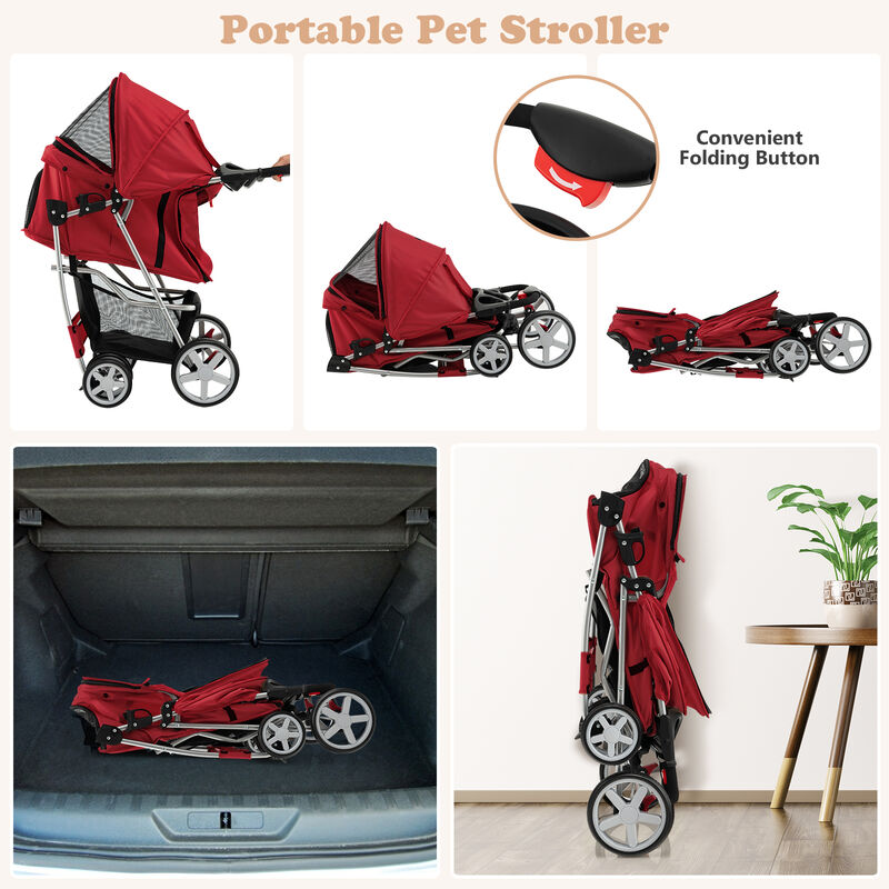 Folding Pet Stroller with Storage Basket and Adjustable Canopy-Gray