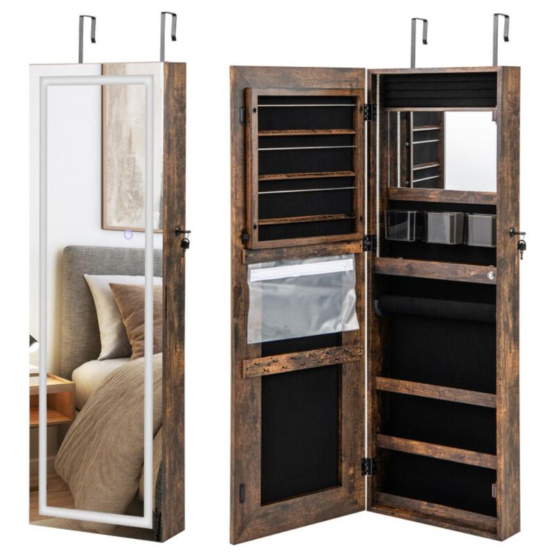 Hivvago 42.5 Inches Lockable Jewelry Mirror Wall Cabinet with 3-Color LED Lights-Rustic Brown