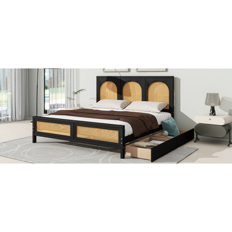 Queen Size Wood Storage Platform Bed With 2 Drawers, Rattan Headboard And Footboard