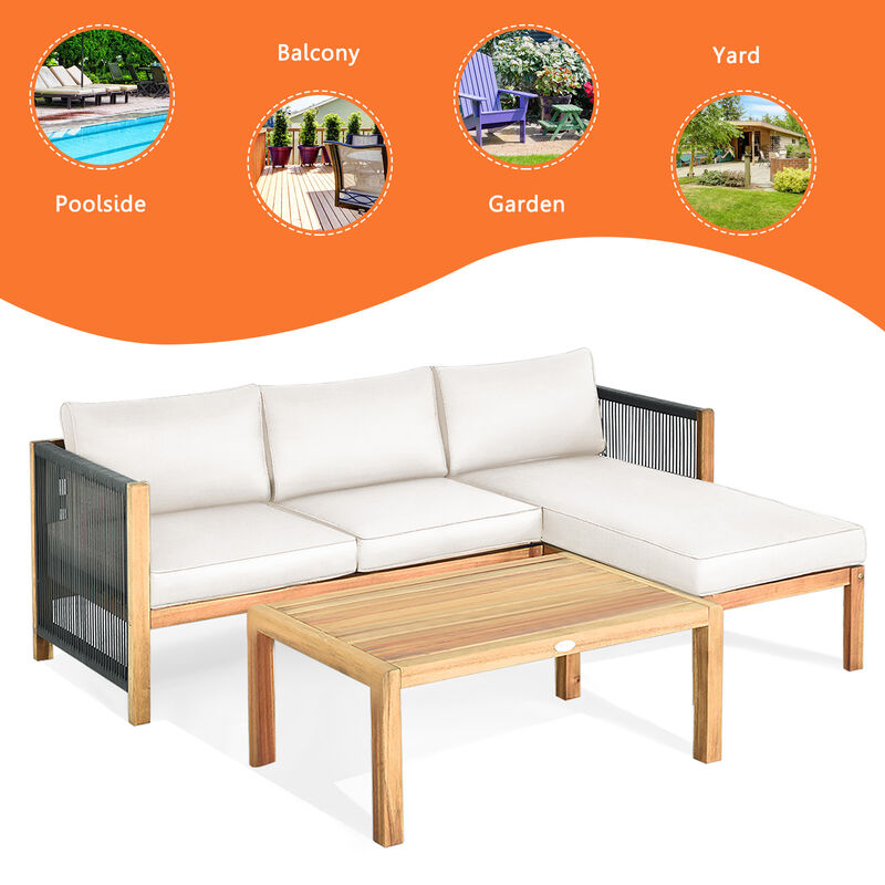 3 Pieces Patio Acacia Wood Sofa Conversation Sets with Nylon Rope Armrest