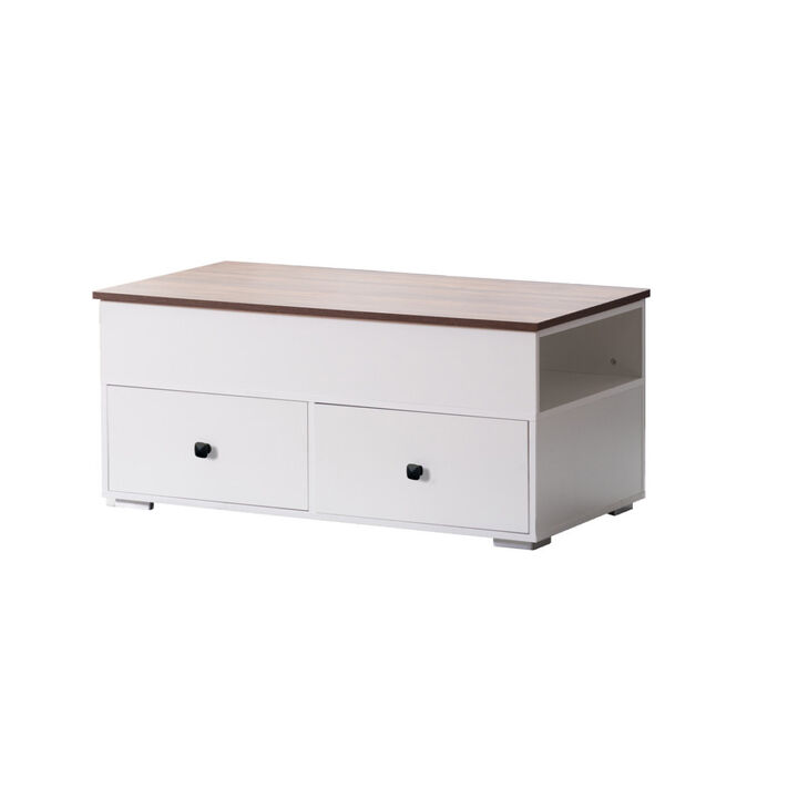 Luna White Coffee Table With Brown Walnut Finish Lift Top, 2 Drawers, And 2 Shelves