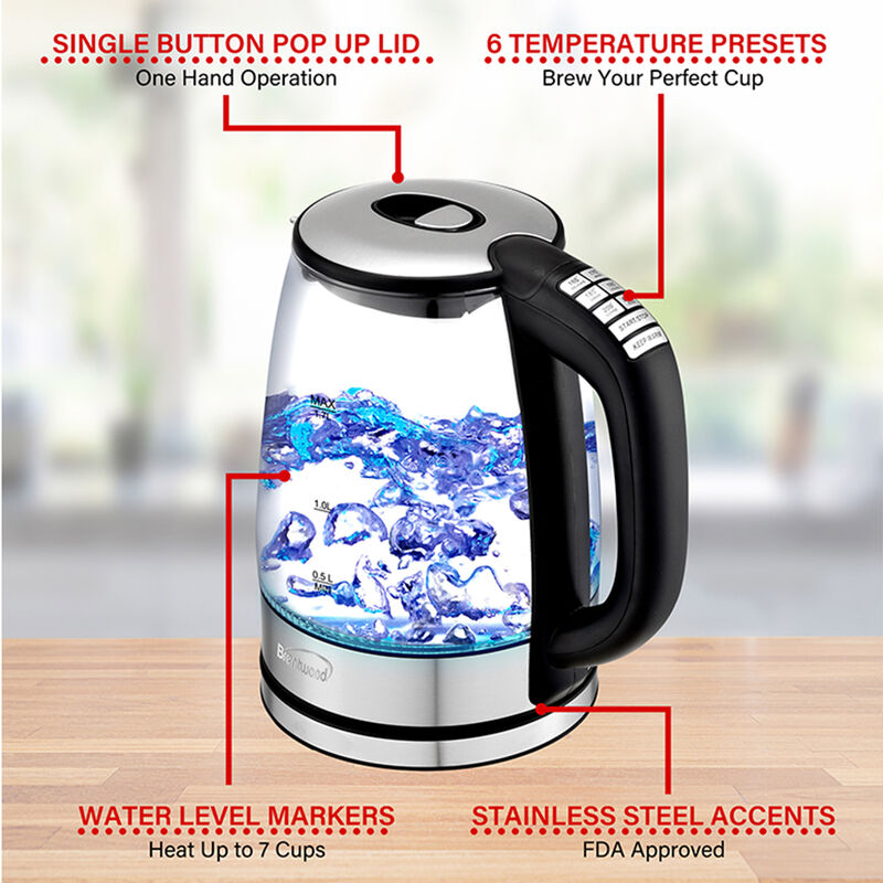 Brentwood Glass 1.7 Liter Electric Kettle with 6 Temperature Presets in Black