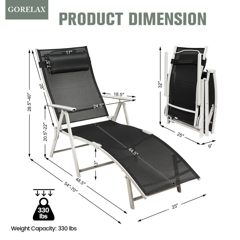 Adjustable Outdoor Lightweight Folding Chaise Lounge Chair with Pillow