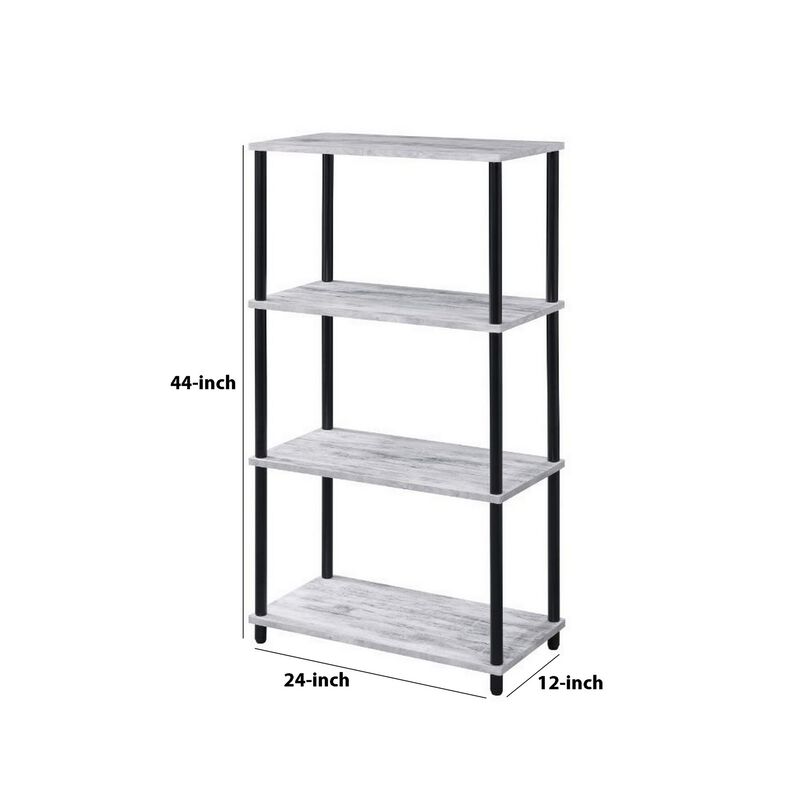 4 Tier Design Bookshelf with Metal Tubular Legs, Antique White-Benzara