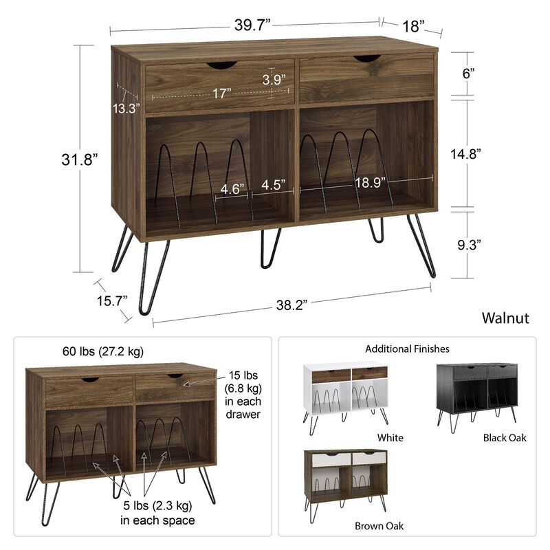 Novogratz Concord Turntable Stand with Drawers, Black Oak