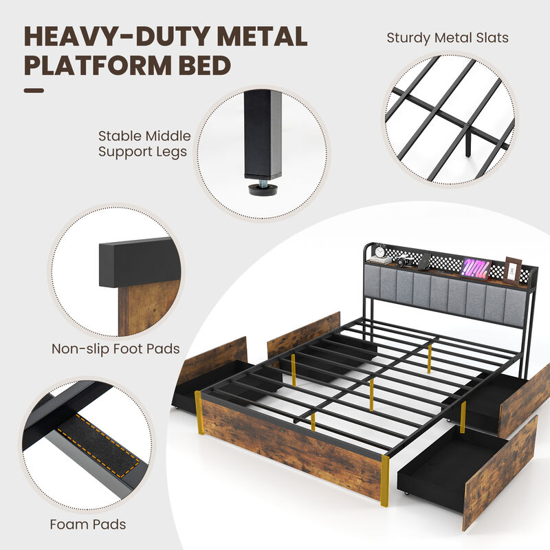 Bed Frame with LED Lights  Upholstered Headboard and 4 Storage Drawers