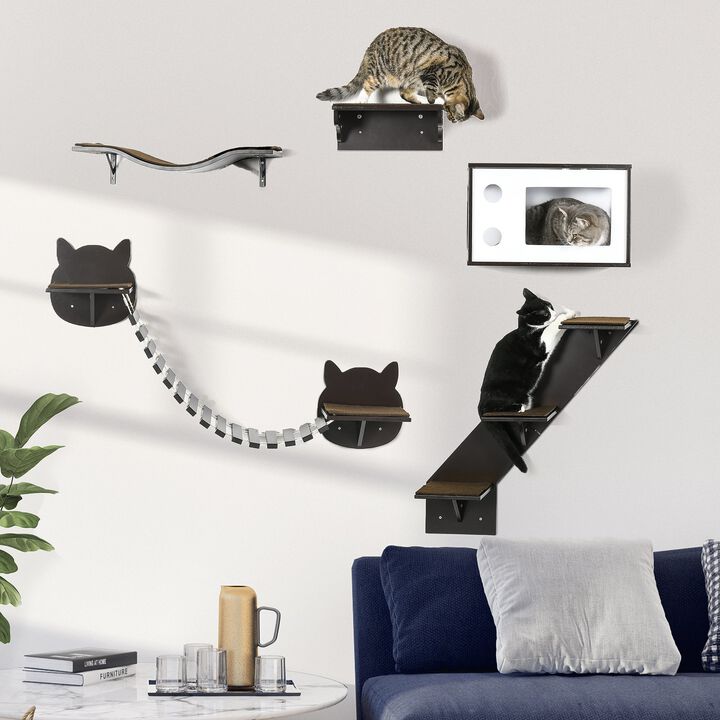 Brown Cat Wall Set: 5-Piece Shelves with Condo & Jumping Platform