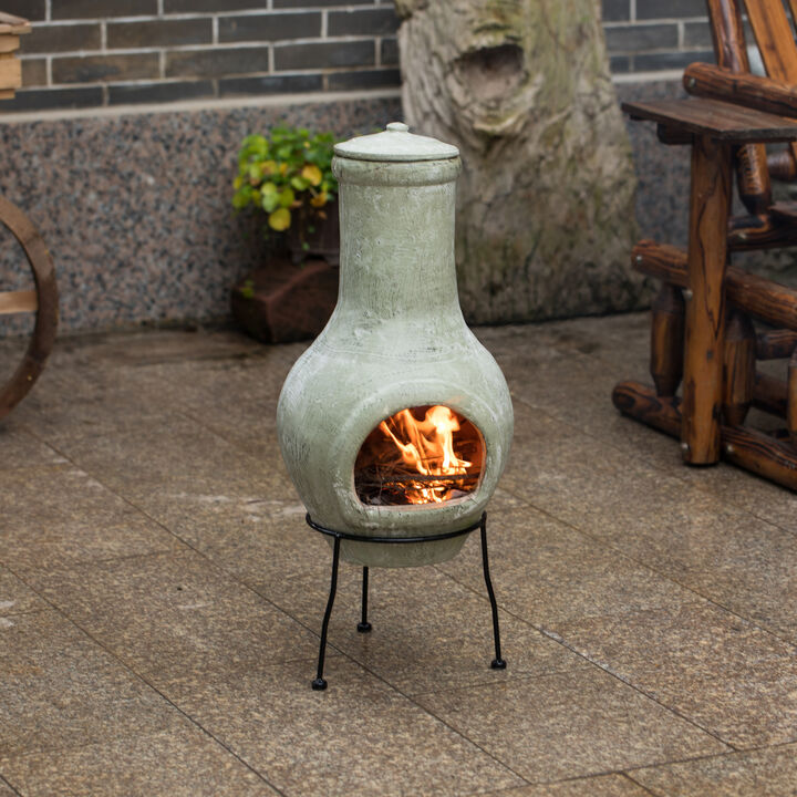 Beige Outdoor Clay Chiminea Outdoor Fireplace Scribbled Design Charcoal Burning Fire Pit with Sturdy Metal Stand, Barbecue, Cocktail Party, Family Gathering, Cozy Nights Fire Pit