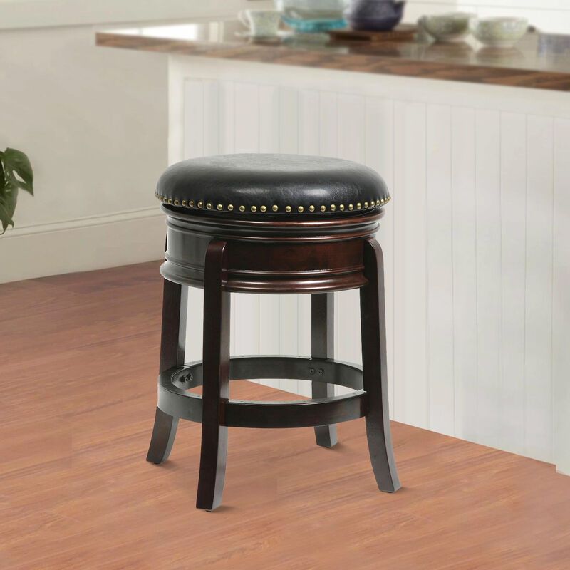 Sabi 24 inch Swivel Counter Stool, Solid Wood, Faux Leather, Cappuccino, Brown - Benzara
