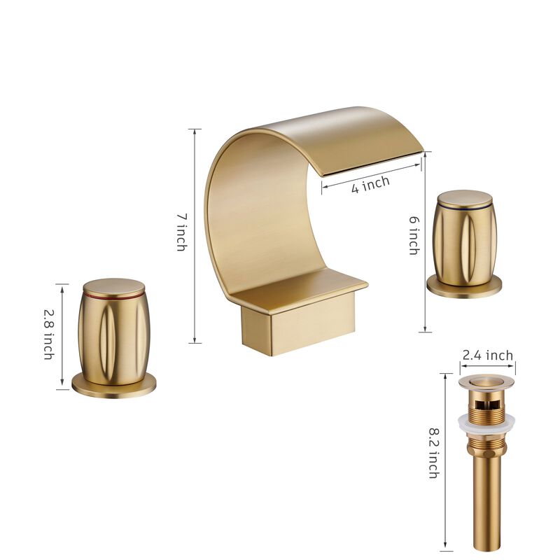 Mondawe Luxury C-Shape Arc Waterfall Spout 2-Handle 8 inch Widespread Bathroom Sink Faucet With Pop-up Drain in Brushed Nickel