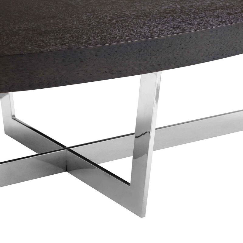 Tini 55 Inch Coffee Table, Oval Top, Chrome Frame, Espresso Brown Finish - Benzara