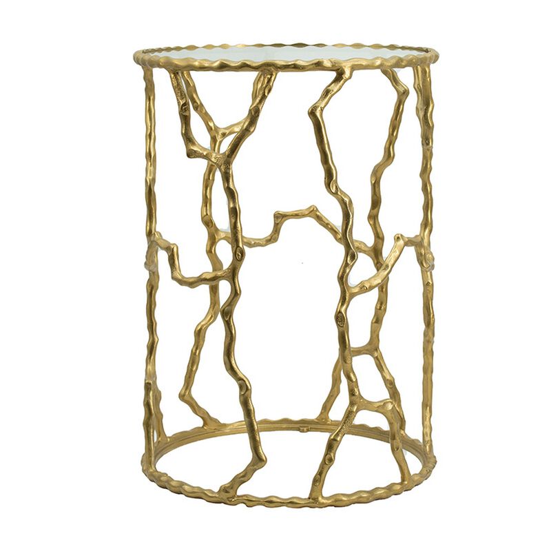 24 Inch Round Accent Table, Intricate Metal Twig Inspired Open Frame, Gold - Benzara