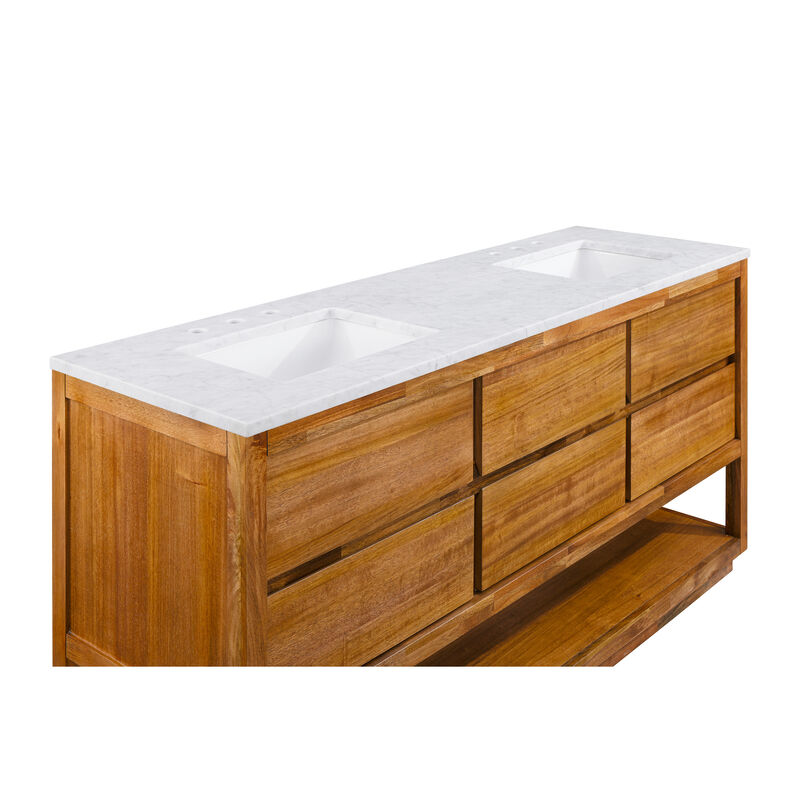 Oakman 72 In. Double Sink Carrara White Marble Countertop Bath Vanity in Mango Wood