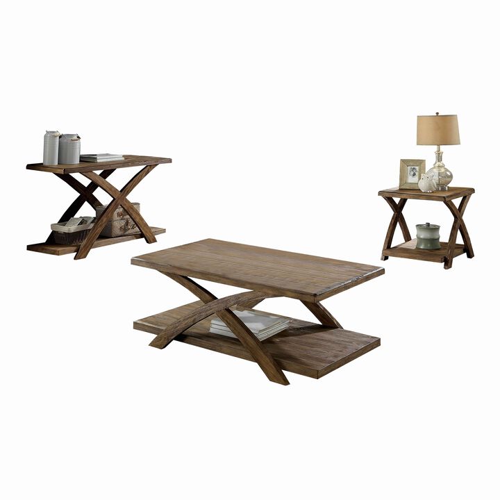 Transitional Style Wooden 3 Piece Table Set With X Shaped Table Base, Brown-Benzara