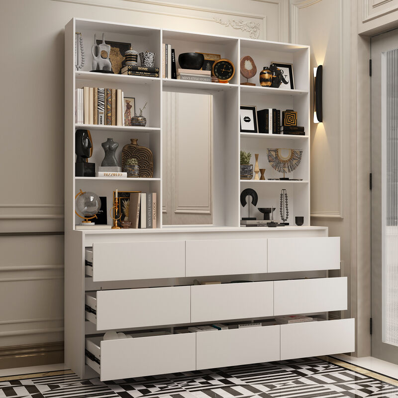 FUFU&GAGA White Bookcase with Adjustable Shelves and Drawers, (63" W x 15.7" D x 78.5" H),White