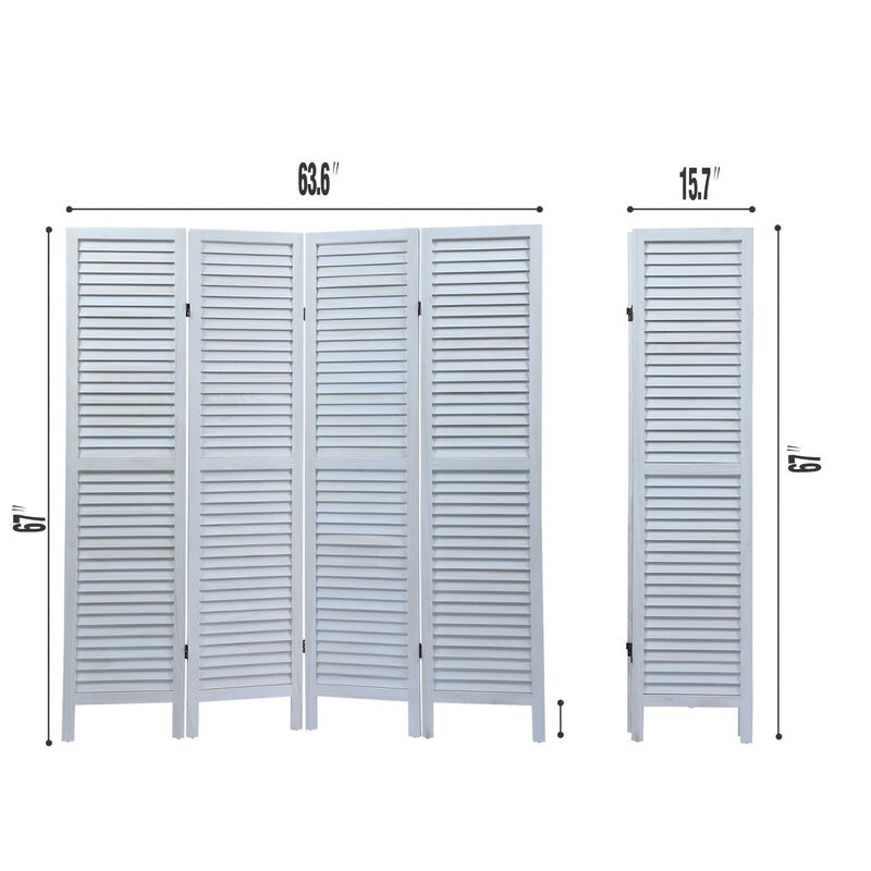 Sycamore Wood 4 Panel Screen Folding Louvered Room Divider Old White