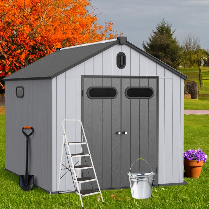 Mondawe 8x10ft Plastic Big Tool Storage,Rainproof Roof & Hinged Door,Weather-Resistant