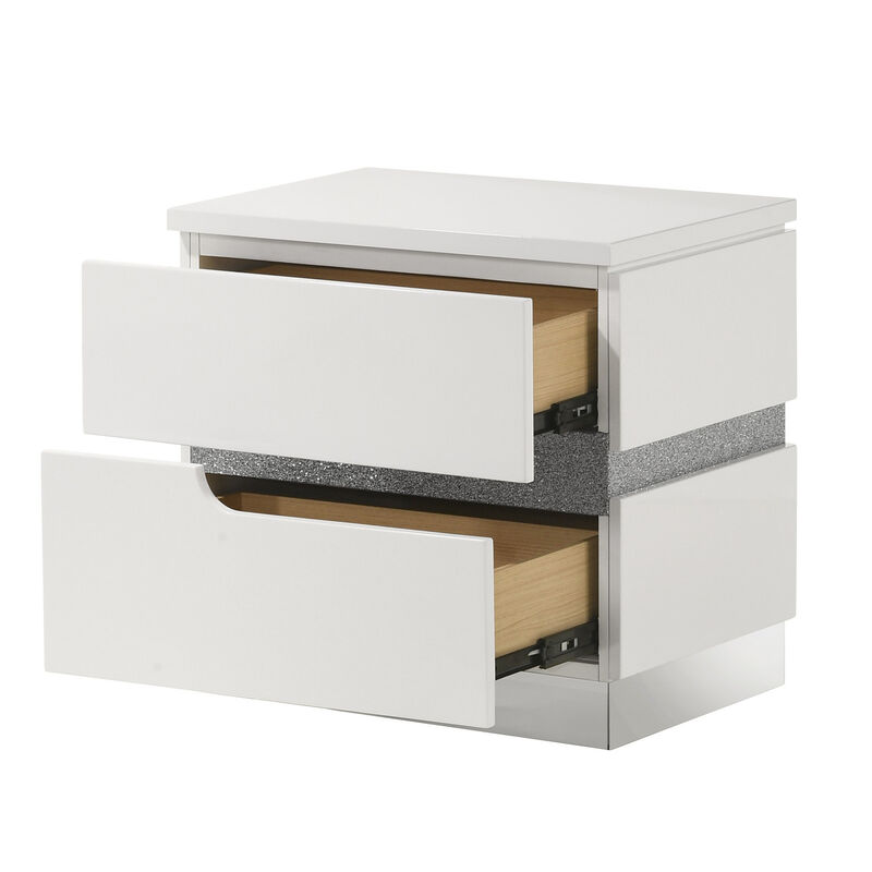 Ara 23 Inch Nightstand, 2 Drawers, Crystal Accents, White Laminate Finish - Benzara