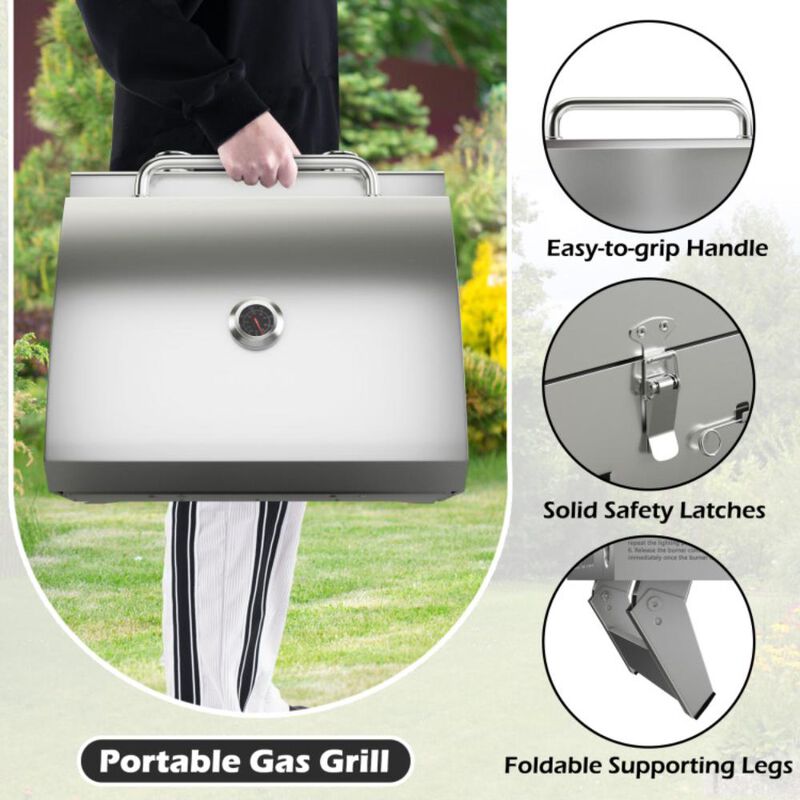 Costway Stainless Steel Propane Grill with Lid for Outdoor Camping Tailgating Picnic Party-Silver