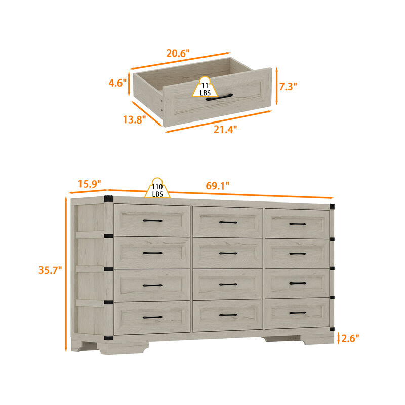 FUFU&GAGA 12-Drawer Dresser, Wood Storage Cabinet, Large dresser for Bedroom, Living Room, Hallway (69.1" W x 35.7" H x 15.9" D), White