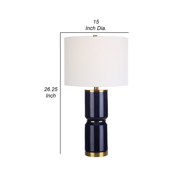 26 Inch Modern Table Lamp, Hardback Linen Shade, Ceramic Body, Blue, Gold-Benzara