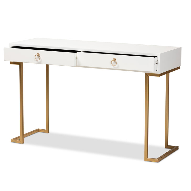 Baxton Studio Beagan Modern White Finished Wood And Gold Metal 2 Drawer Console Table