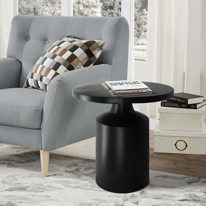 Zoe 20 Inch Modern Round Iron Side Table with Pedestal Base, Matte Black-Benzara