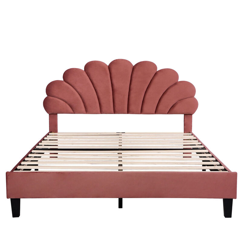 Queen Size Upholstered Platform Bed With Flower Pattern Velvet Headboard, Bean Paste