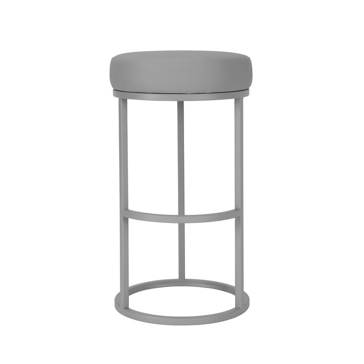 Tane 30 Inch Barstool, Round Gray Faux Leather Padded Seat, Gray Metal Base - Benzara