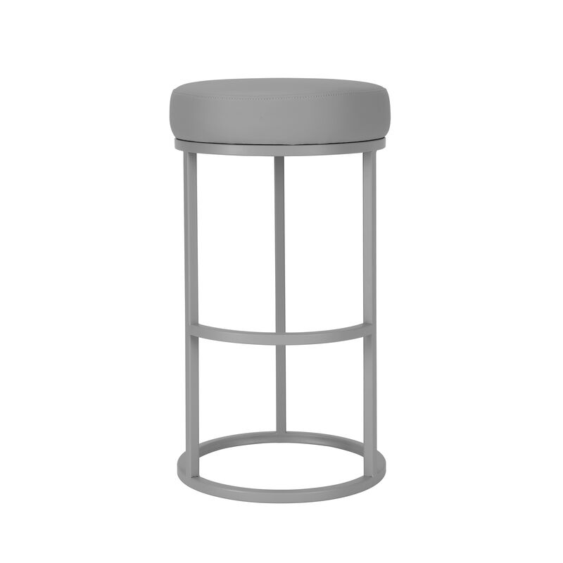 Tane 30 Inch Barstool, Round Gray Faux Leather Padded Seat, Gray Metal Base - Benzara