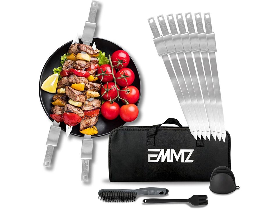 EMMZ Premium BBQ Skewer Set – 16.5" Stainless Steel skewers with Slider & Storage Bag (Set of 10)