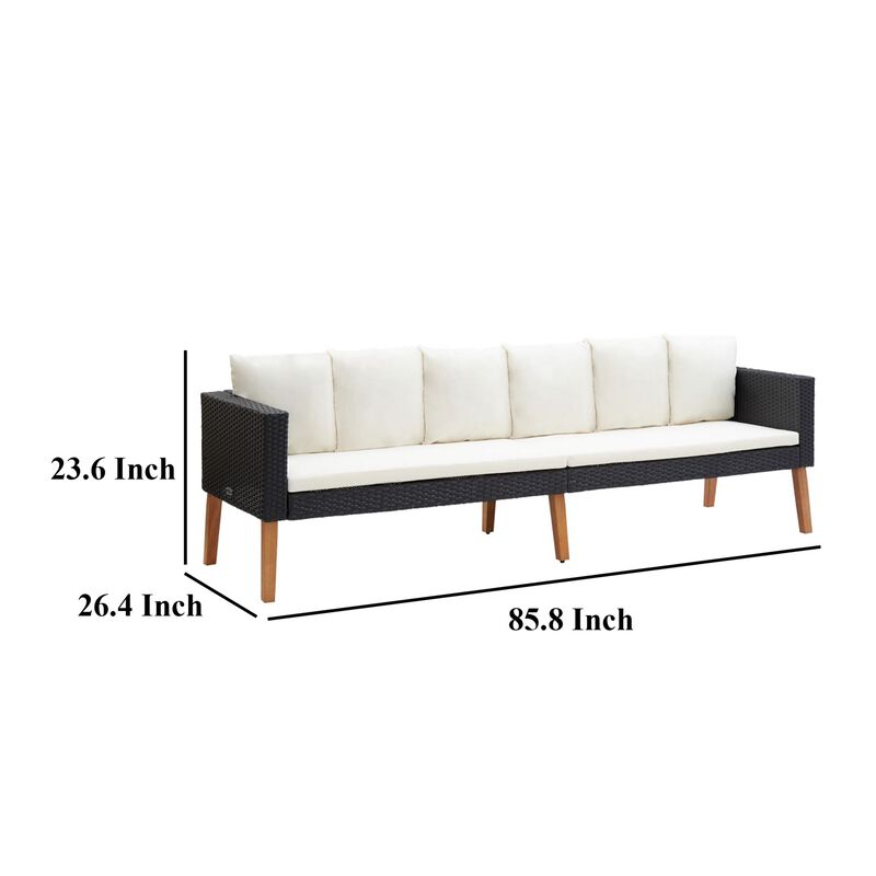3 Seater Outdoor Sofa with White Fabric Cushions, Black Rattan 86 Inch - Benzara
