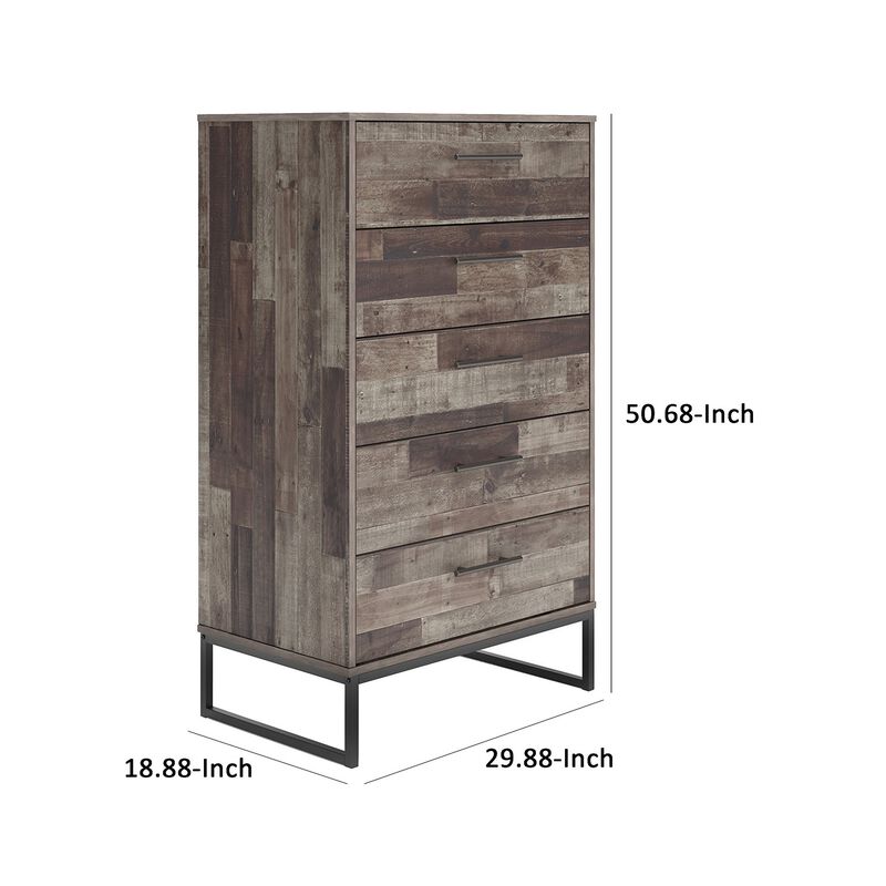 Vyne 51 Inch Tall Dresser 5 Drawers Chest, Gray Woodblock, Black Metal Base -Benzara