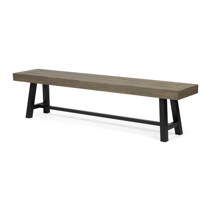 Leslee Outdoor Dining Bench, 74 Inch, Black Trestle Legs, Gray Wood - Benzara