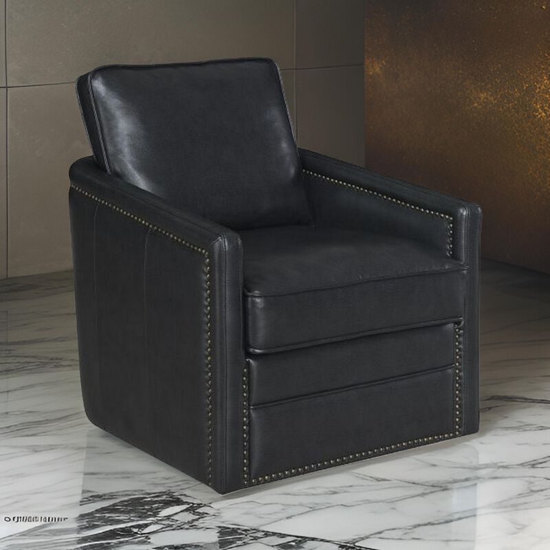 Roco 34 Inch Accent Chair with Swivel, Faux Leather Upholstery, Black  - Benzara
