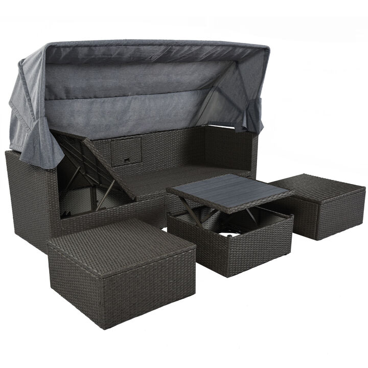 Outdoor Patio Rectangle Daybed With Retractable Canopy, Wicker Furniture Sectional Seating Outdoor Patio Rectangle Daybed With Retractable Canopy, Wicker Furniture Sectional Seating