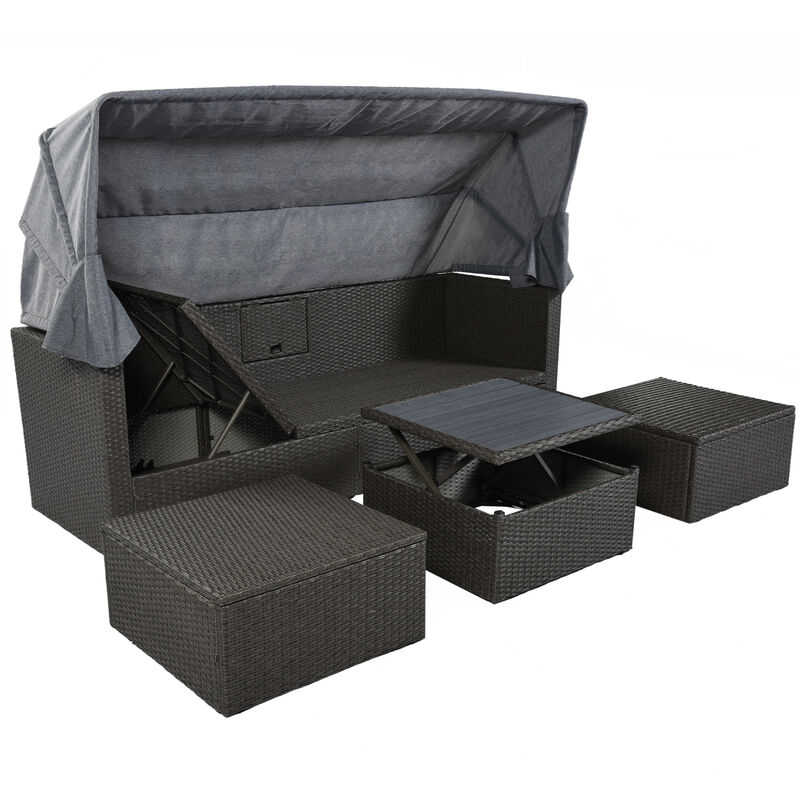 Outdoor Patio Rectangle Daybed With Retractable Canopy, Wicker Furniture Sectional Seating