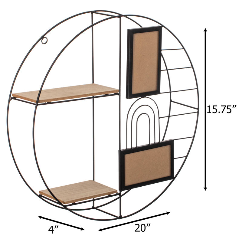 Vintiquewise 2-Tier Decorative Floating Circular Silhouette Wall Shelf with 2 Photo Frames - Circular Metal and Wood Wall-Mounted Shelf for Entryway, Bathroom, Bedroom, and Living Room Decor, Black