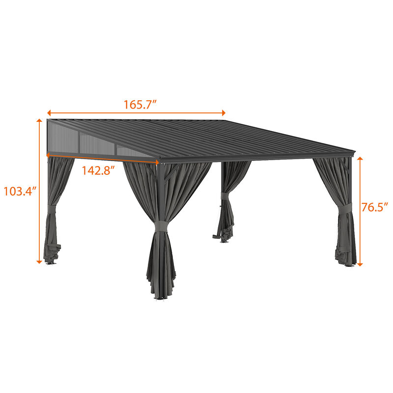 FUFU&GAGA Black Patio Lean-to Gazebo – Wall-Mounted Gazebo with Galvanized Steel Roof, Aluminum Frame, Mosquito Netting & Curtains, (165.7" L x 142.8" W x 103.4" H), Black