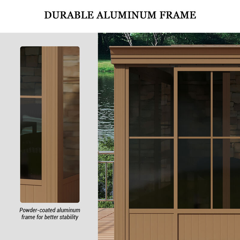 MONDAWE 12x14FT Hardtop Wall Mounted Gazebo Lean to Gazebo with Sloping Galvanized Steel Roof, Aluminum Frame, Drainage System, Curtains and Netting