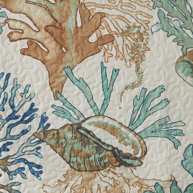 Wade 2pc Twin Quilt and Pillow Sham Set, Cotton Fill, Coastal Seashell Jade - Benzara