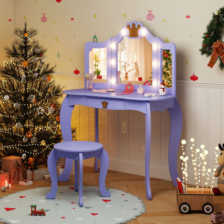 Kids Vanity Set with Tri-fold Lighted Mirror Detachable Top and Stool