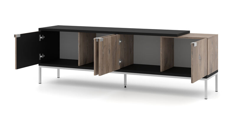 TV Stand TOLEDO 75.08 in 4D Black matt - Flagstaff Oak - Silver Frame
