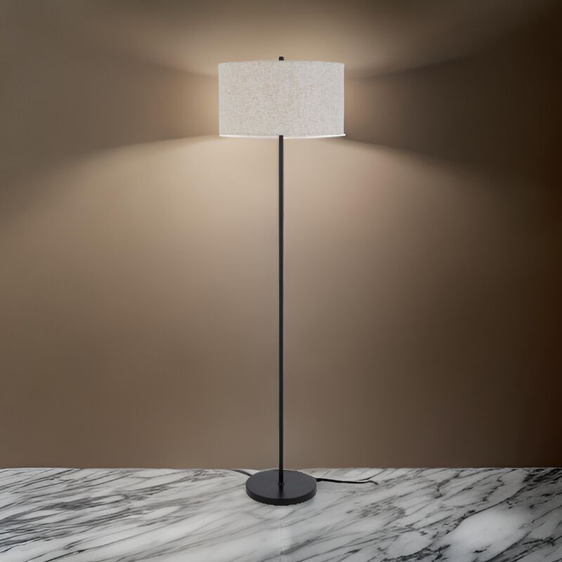 Sie 59 Inch Floor Lamp, White Linen Shade, Round Base, Black Metal Pole - Benzara
