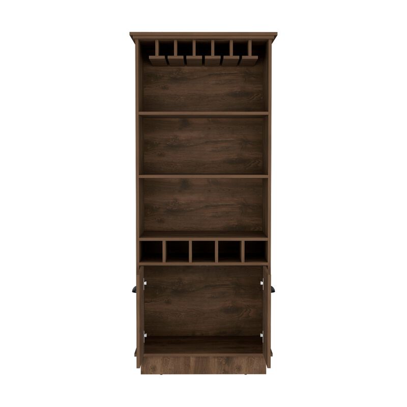 DEPOT E-SHOP Elon Bar Cabinet with Wine Rack  70"H, Upper Glass Cabinet, three Open Storage Shelves and One Cabinet,Dark Brown
