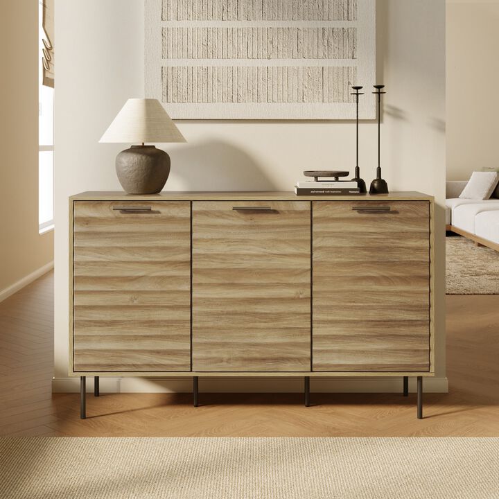 LuxenHome Mid-Century Modern Wave 3-Door 55.1-Inch Wide Kitchen Sideboard Cabinet with Metal Legs