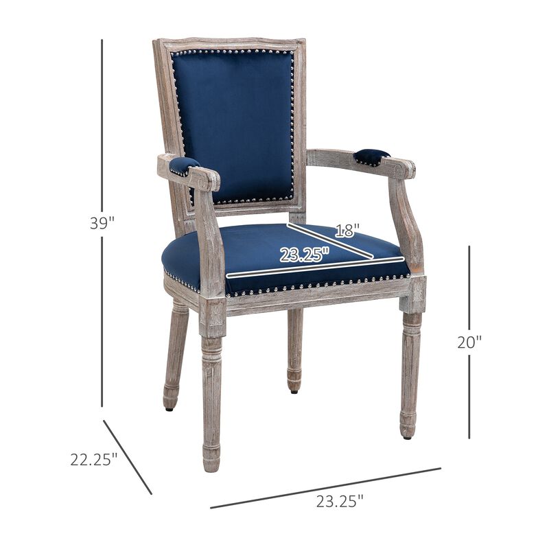 Blue Velvet Dining Chair: Vintage High Back Chair with Armrests, Solid Wood Legs