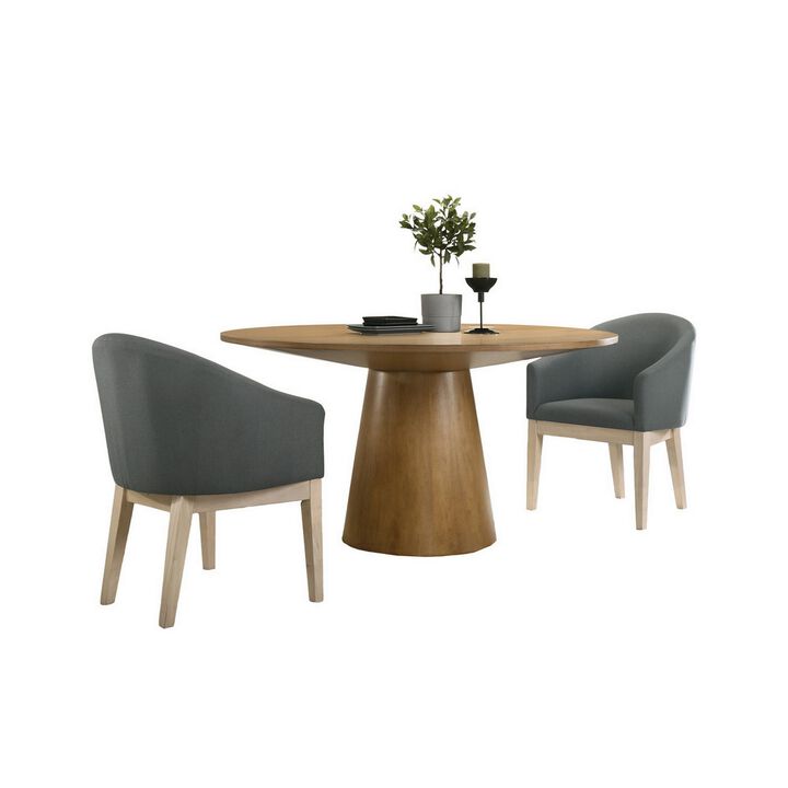 Yuvi 3 Piece Dining Table and Chair Set, Round, Barrel Seat, Brown, Gray - Benzara