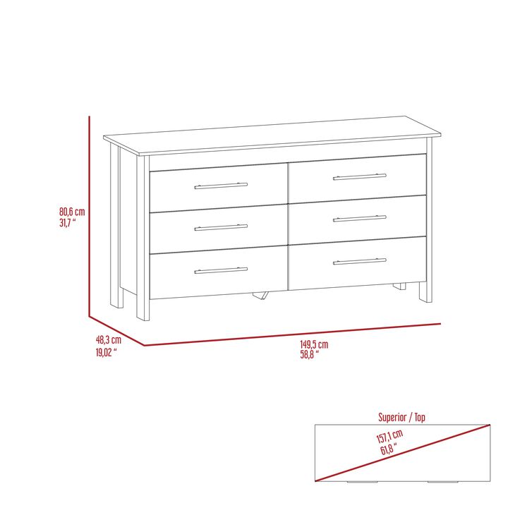 Hms 6 Drawer Double Dresser, Four Legs, Superior Top -White